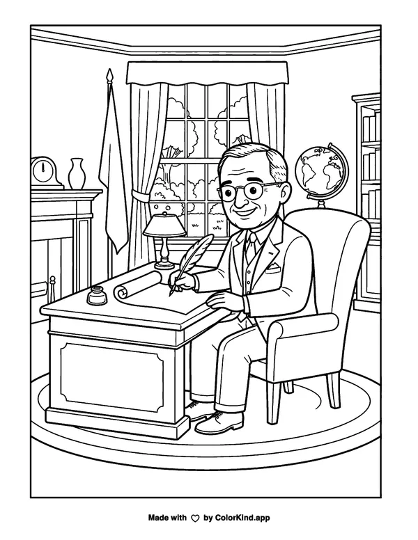 Harry S Truman as clean black-and-white printable line art made by ColorKind