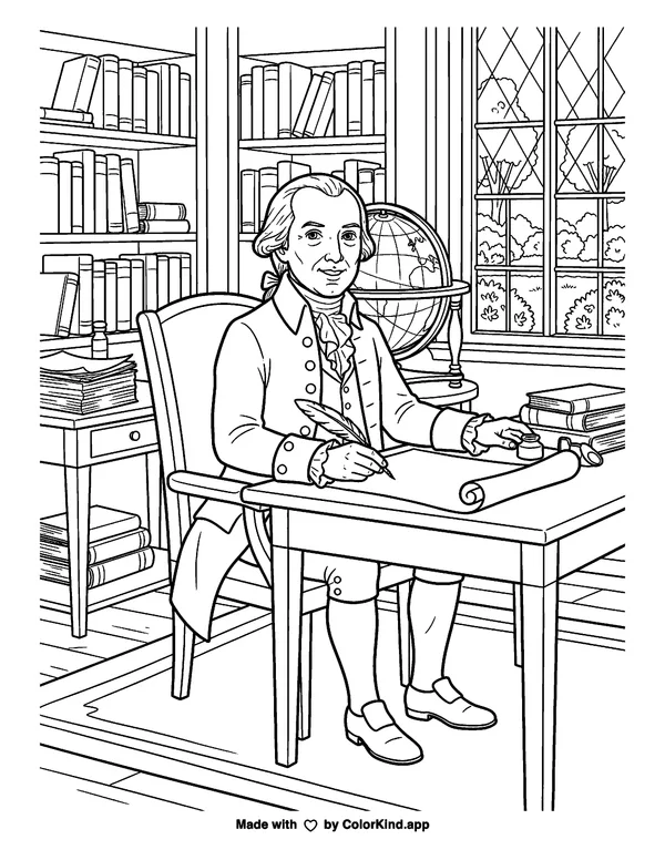 James Madison as clean black-and-white printable line art made by ColorKind