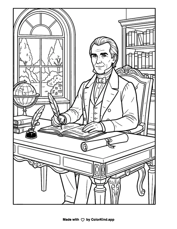 James Polk as clean black-and-white printable line art made by ColorKind
