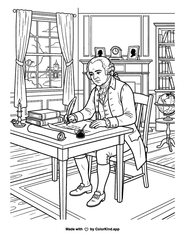 John Adams as clean black-and-white printable line art made by ColorKind
