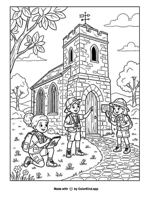 Local history explorers visiting a landmark, scene 2 as clean black-and-white printable line art made by ColorKind