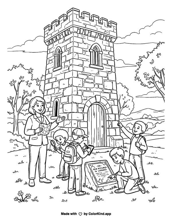 Local history explorers visiting a landmark, scene 3 as clean black-and-white printable line art made by ColorKind