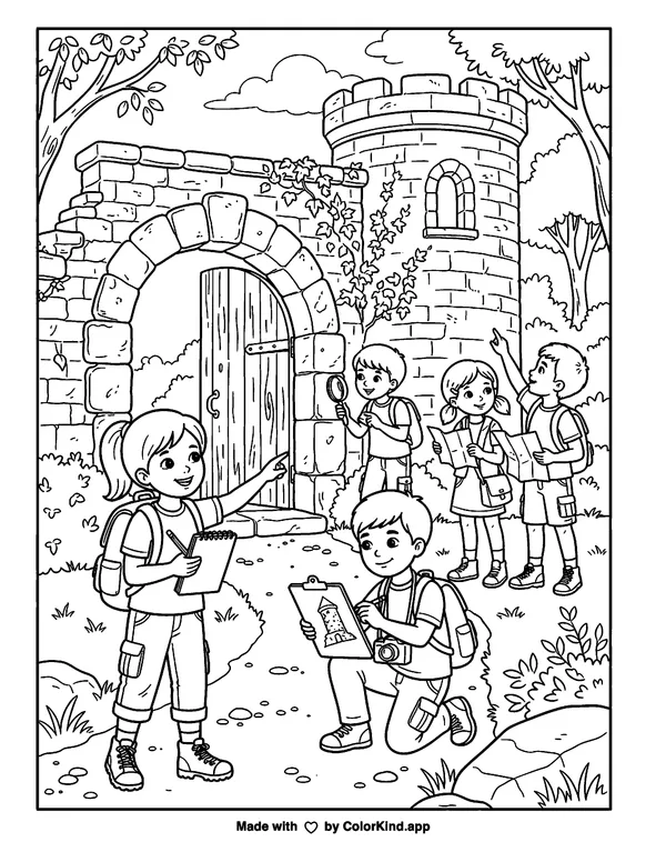 Local history explorers visiting a landmark, scene 7 as clean black-and-white printable line art made by ColorKind