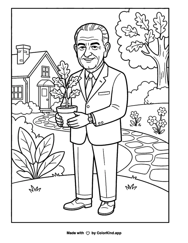 Lyndon B Johnson as clean black-and-white printable line art made by ColorKind