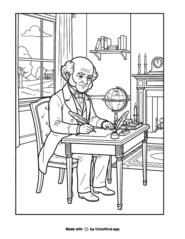 Martin Van Buren as clean black-and-white printable line art made by ColorKind