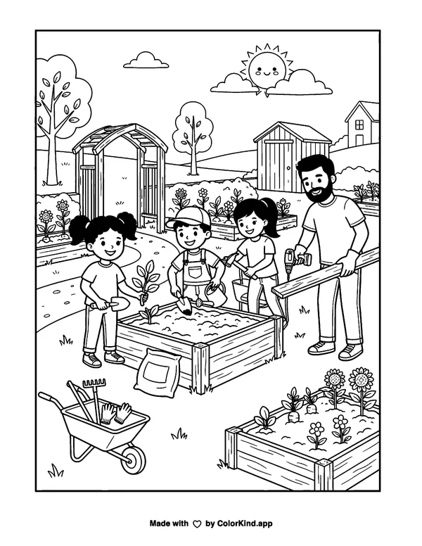 Neighborhood helpers building a community garden, scene 10 as clean black-and-white printable line art made by ColorKind