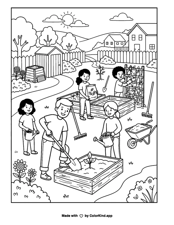 Neighborhood helpers building a community garden, scene 11 as clean black-and-white printable line art made by ColorKind