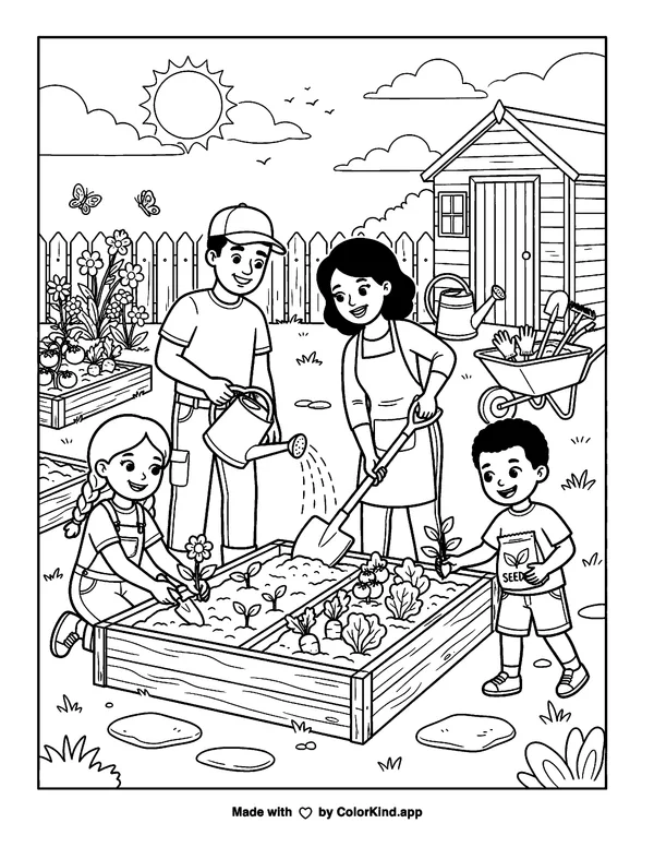 Neighborhood helpers building a community garden, scene 14 as clean black-and-white printable line art made by ColorKind
