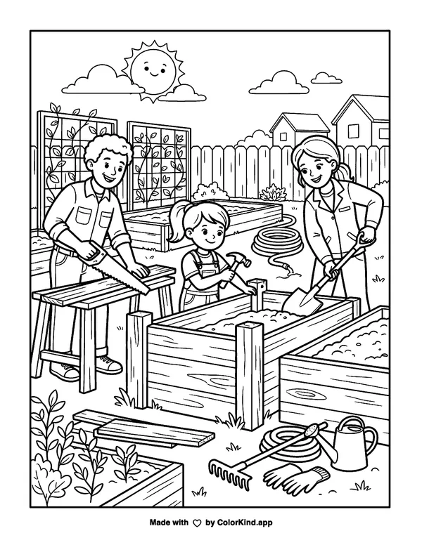 Neighborhood helpers building a community garden, scene 15 as clean black-and-white printable line art made by ColorKind