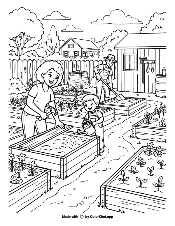 Neighborhood helpers building a community garden, scene 2 as clean black-and-white printable line art made by ColorKind