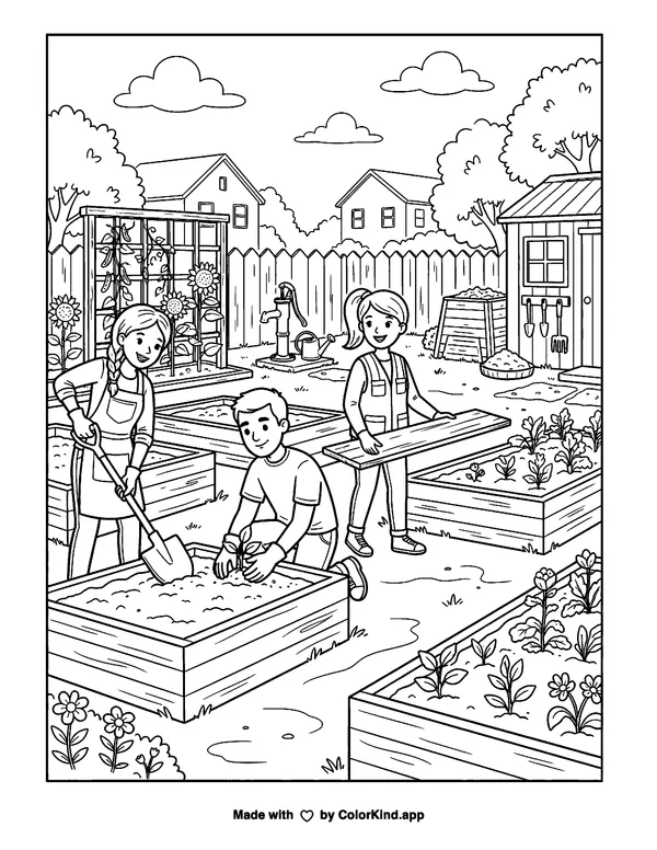 Neighborhood helpers building a community garden, scene 3 as clean black-and-white printable line art made by ColorKind