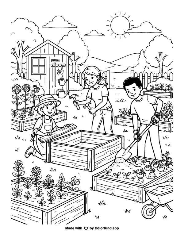 Neighborhood helpers building a community garden, scene 4 as clean black-and-white printable line art made by ColorKind