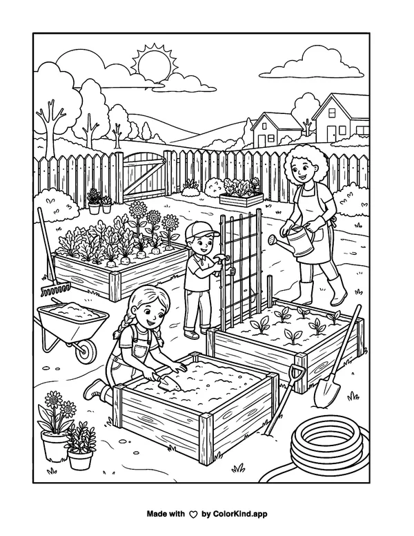 Neighborhood helpers building a community garden, scene 5 as clean black-and-white printable line art made by ColorKind