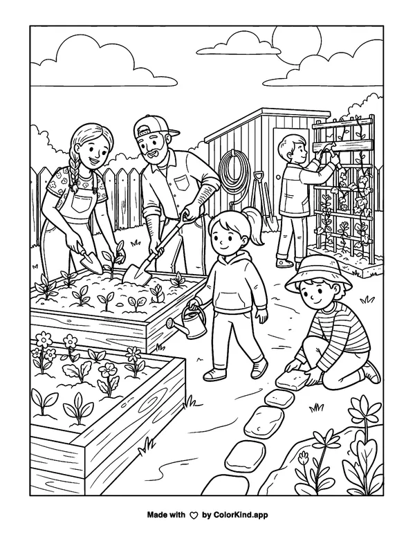 Neighborhood helpers building a community garden, scene 7 as clean black-and-white printable line art made by ColorKind