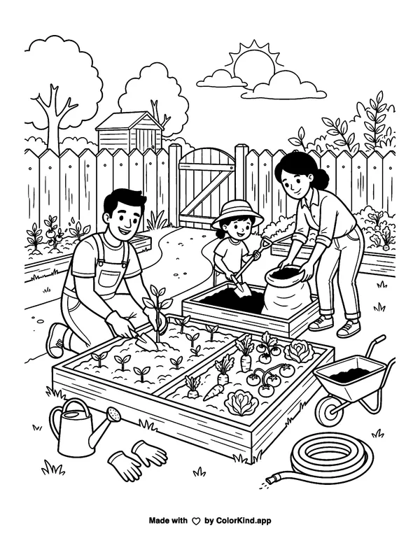 Neighborhood helpers building a community garden, scene 8 as clean black-and-white printable line art made by ColorKind
