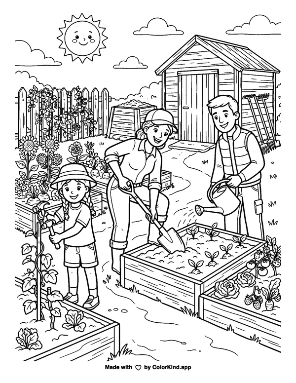 Neighborhood helpers building a community garden, scene 9 as clean black-and-white printable line art made by ColorKind