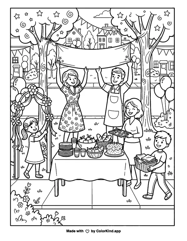 Neighbors preparing a welcoming block party, scene 2 as clean black-and-white printable line art made by ColorKind