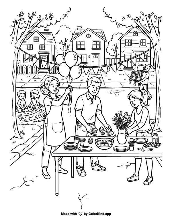 Neighbors preparing a welcoming block party, scene 3 as clean black-and-white printable line art made by ColorKind