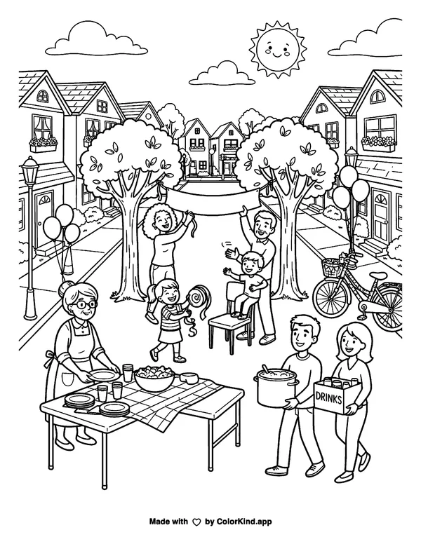 Neighbors preparing a welcoming block party, scene 5 as clean black-and-white printable line art made by ColorKind
