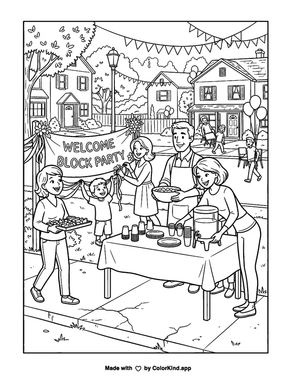 Neighbors preparing a welcoming block party, scene 6 as clean black-and-white printable line art made by ColorKind