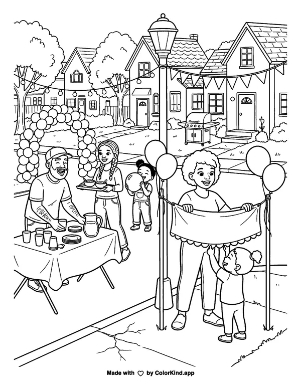 Neighbors preparing a welcoming block party, scene 7 as clean black-and-white printable line art made by ColorKind