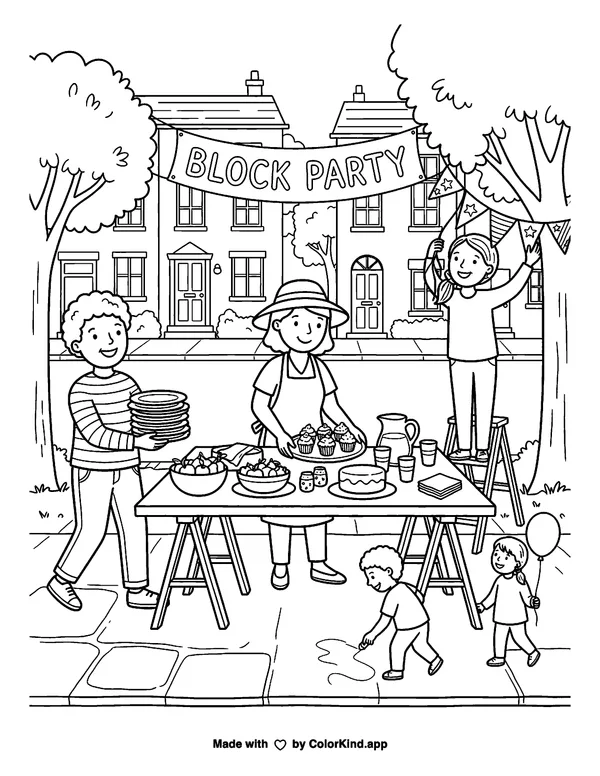 Neighbors preparing a welcoming block party as clean black-and-white printable line art made by ColorKind