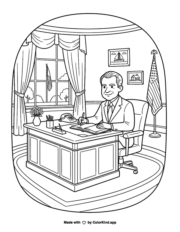 Richard M Nixon as clean black-and-white printable line art made by ColorKind