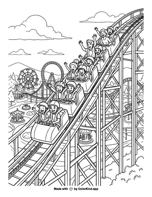 Roller Coaster Ride as clean black-and-white printable line art made by ColorKind