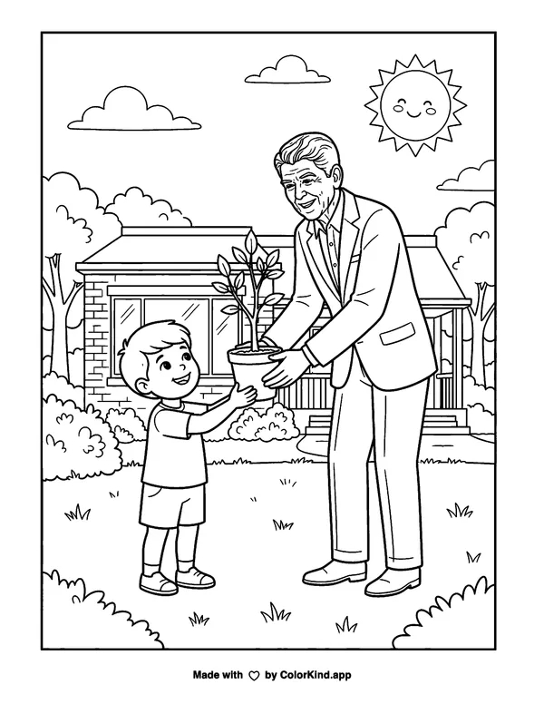 Ronald Reagan as clean black-and-white printable line art made by ColorKind
