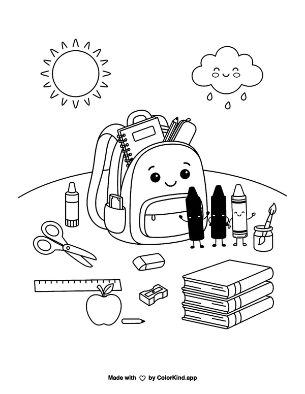 School Supplies as clean black-and-white printable line art made by ColorKind