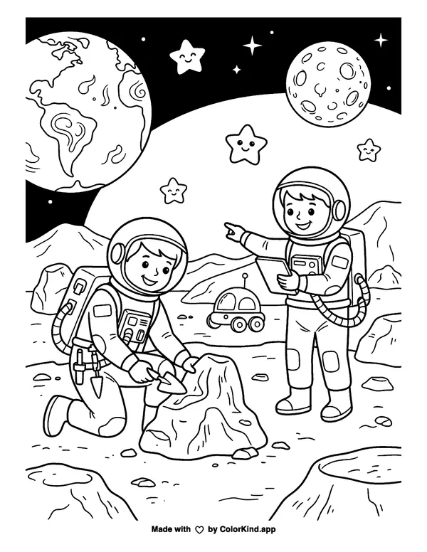 Space Astronauts as clean black-and-white printable line art made by ColorKind