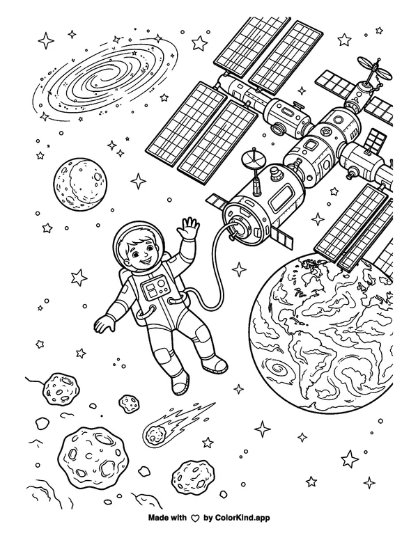 Space Scene as clean black-and-white printable line art made by ColorKind