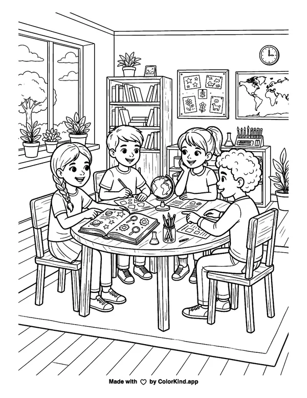 Students learning together in a welcoming classroom, scene 2 as clean black-and-white printable line art made by ColorKind