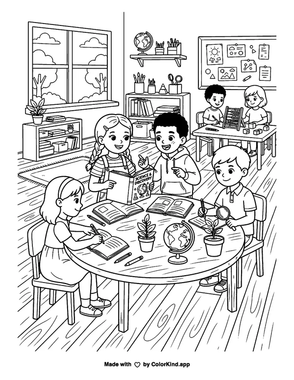 Students learning together in a welcoming classroom, scene 7 as clean black-and-white printable line art made by ColorKind