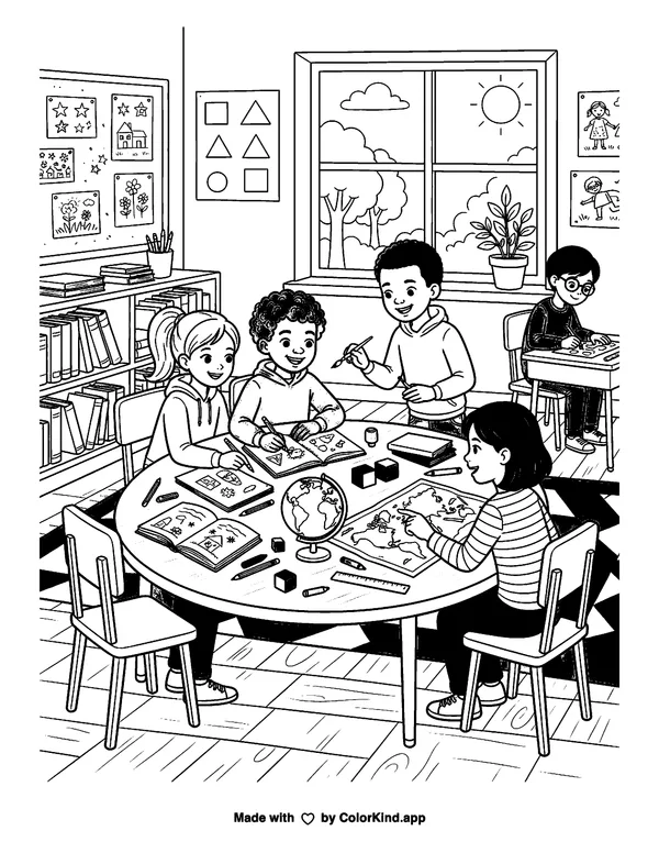 Students learning together in a welcoming classroom as clean black-and-white printable line art made by ColorKind