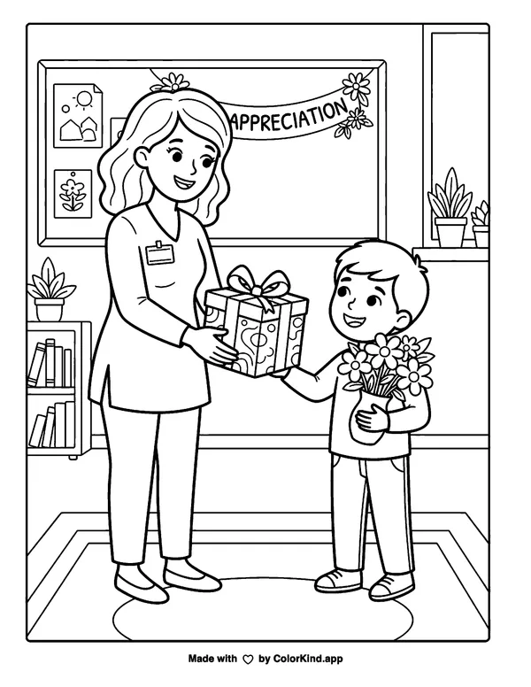 Teacher Appreciation Month as clean black-and-white printable line art made by ColorKind