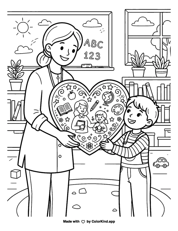 Thank A Teacher Heart as clean black-and-white printable line art made by ColorKind