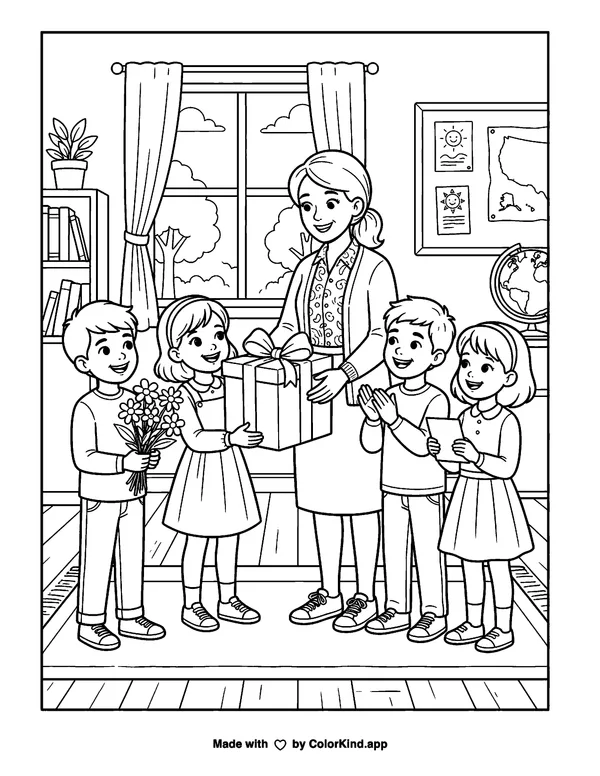 Thank A Teacher Portrait as clean black-and-white printable line art made by ColorKind