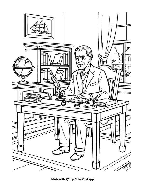 Woodrow Wilson as clean black-and-white printable line art made by ColorKind