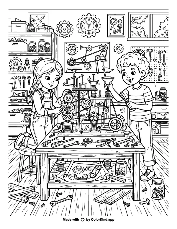 Young inventors building a simple machine, scene 2 as clean black-and-white printable line art made by ColorKind