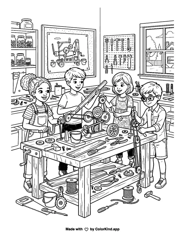 Young inventors building a simple machine, scene 3 as clean black-and-white printable line art made by ColorKind