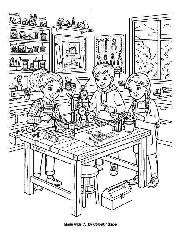 Young inventors building a simple machine, scene 4 as clean black-and-white printable line art made by ColorKind