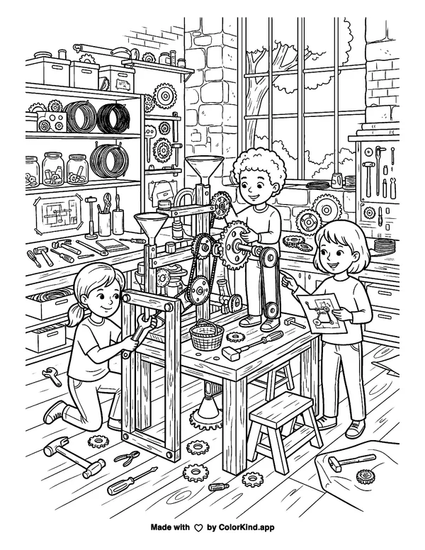 Young inventors building a simple machine, scene 5 as clean black-and-white printable line art made by ColorKind