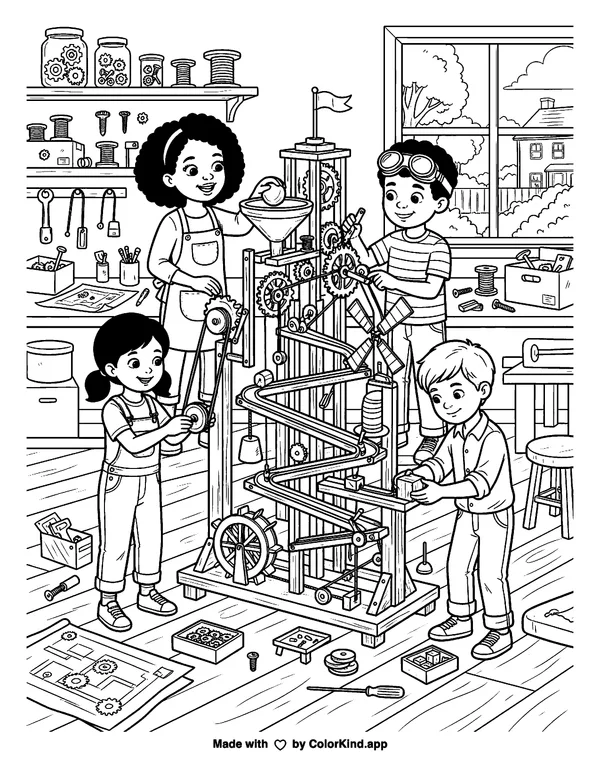 Young inventors building a simple machine, scene 6 as clean black-and-white printable line art made by ColorKind