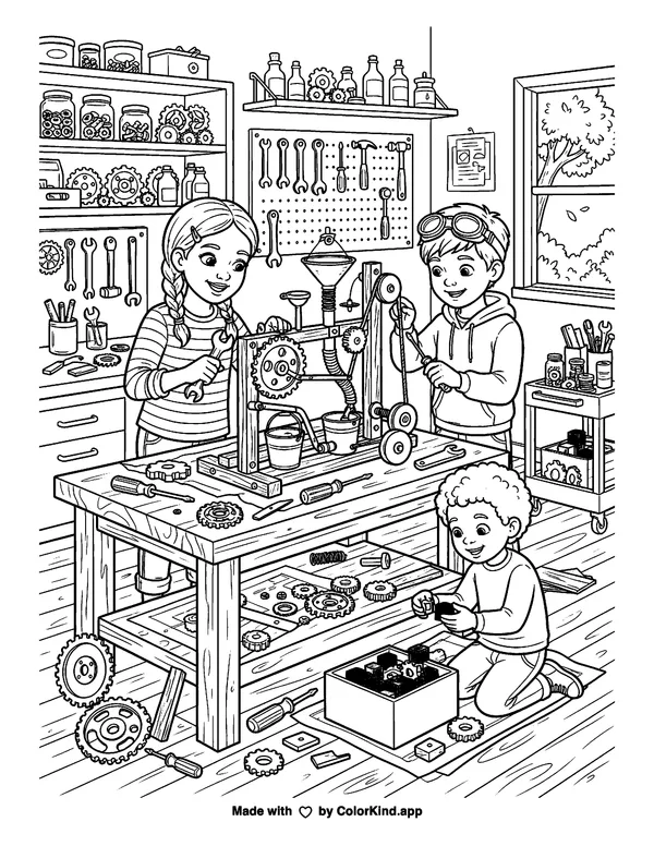 Young inventors building a simple machine, scene 7 as clean black-and-white printable line art made by ColorKind
