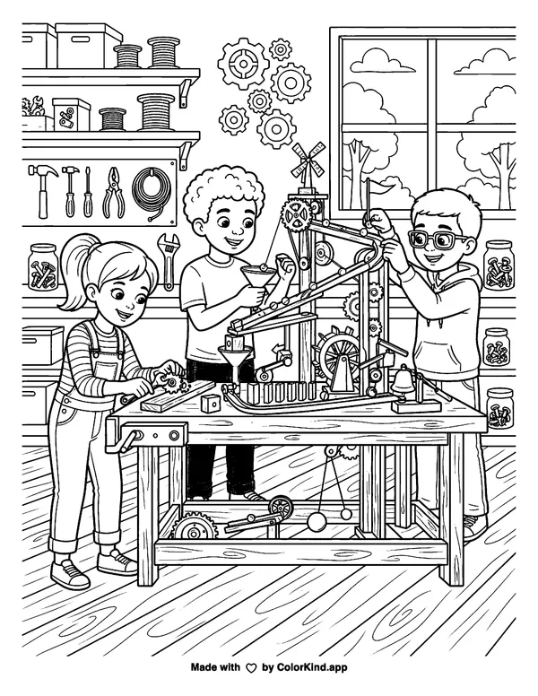 Young inventors building a simple machine as clean black-and-white printable line art made by ColorKind