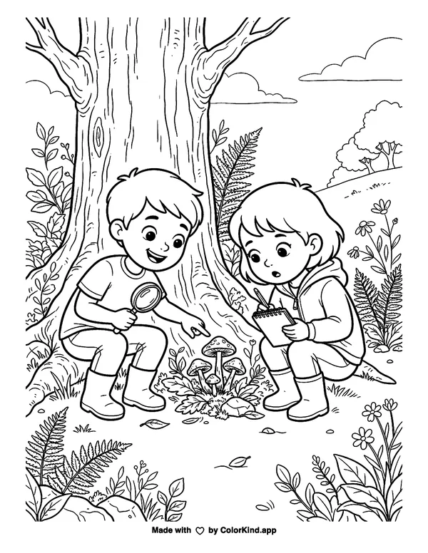 Young scientists making a nature discovery, scene 2 as clean black-and-white printable line art made by ColorKind