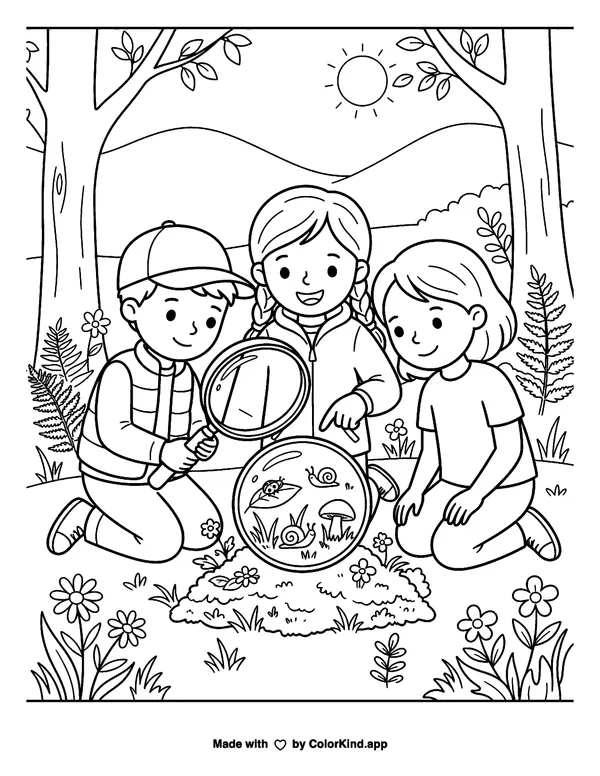 Young scientists making a nature discovery, scene 3 as clean black-and-white printable line art made by ColorKind
