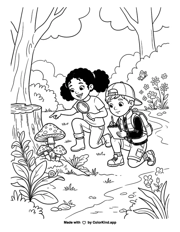 Young scientists making a nature discovery, scene 4 as clean black-and-white printable line art made by ColorKind