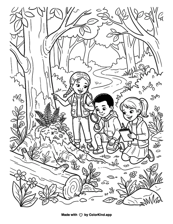 Young scientists making a nature discovery, scene 5 as clean black-and-white printable line art made by ColorKind